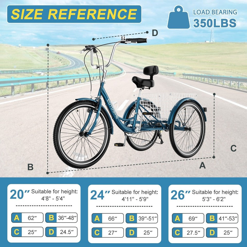MOONCOOL Adult 26" Tricycle 7 Speed 3 Wheels Bicycle Trike w/ Basket&Backrest